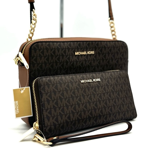 Michael Kors Large EW Crossbody Bag & Large Continental Wallet Brown/Gold - Picture 3 of 13
